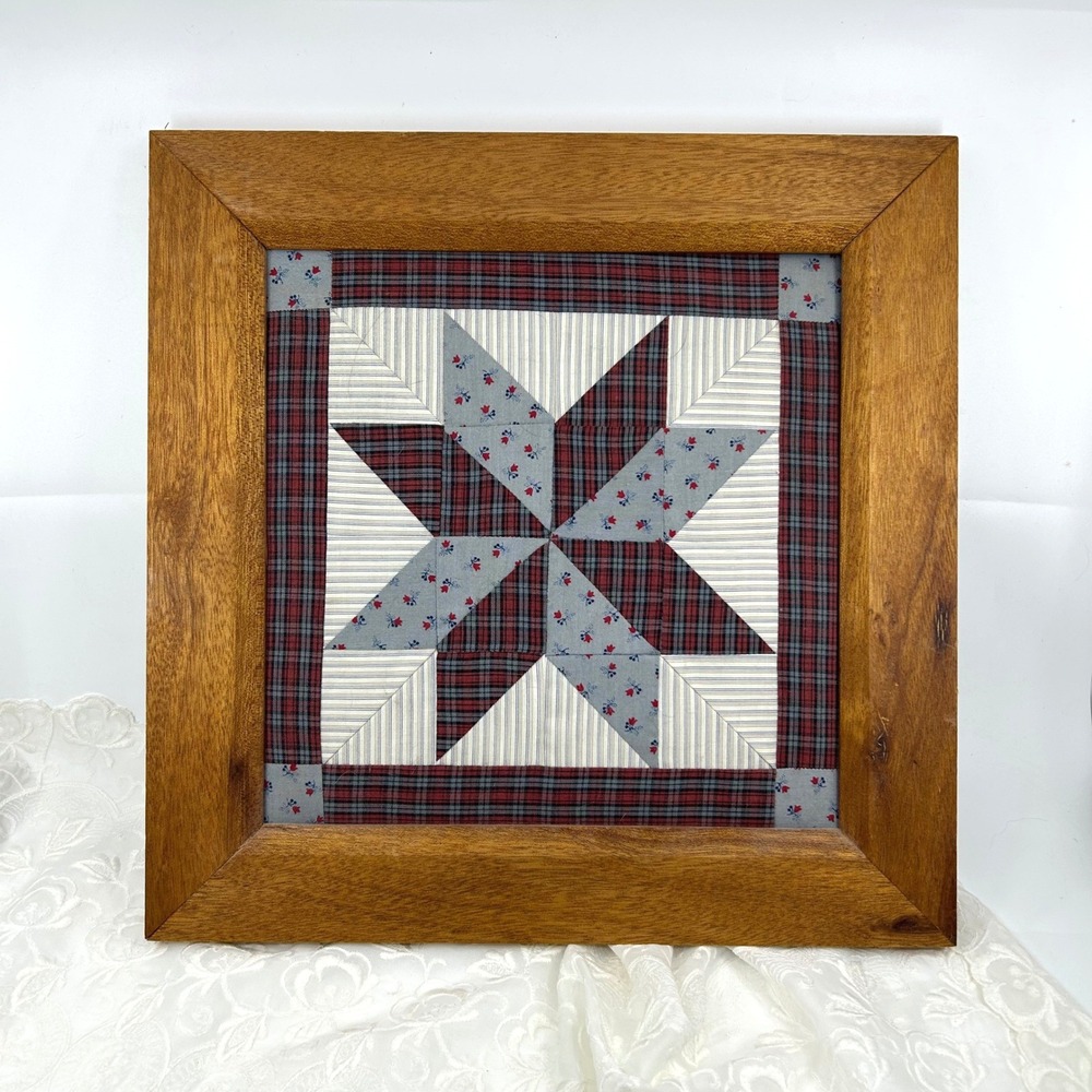Vintage LeMoyne Star Quilt Block Square Wood Framed Art Country Cottagecore Farm
